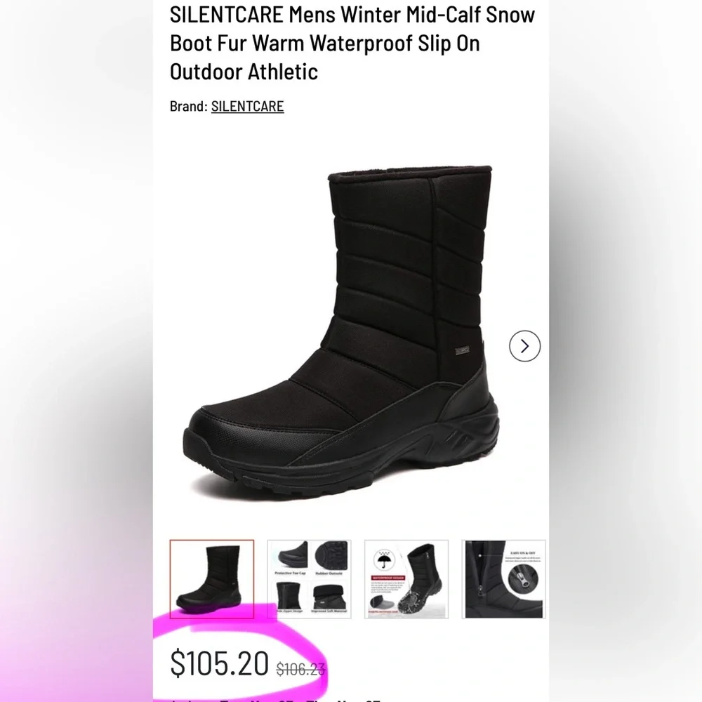 SILENTCARE Mens Winter Mid-Calf Snow Boot Fur Warm Waterproof Slip On | NEW/NWOB
